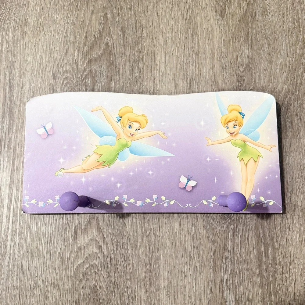 Disney Tinkerbell Wood Wall Coat Rack 2-Peg Lavender Purple Fairy Nursery Decor